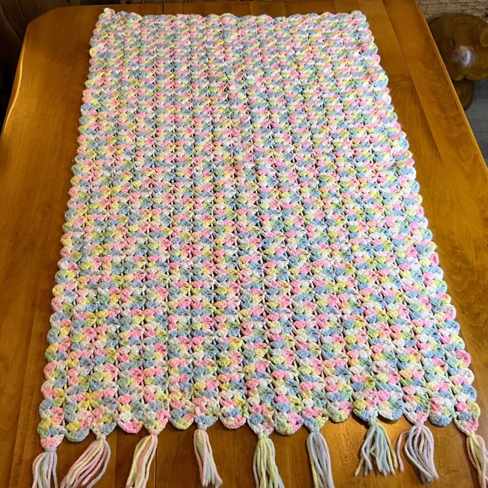 Hand Crocheted Baby Blanket Pastel Colors Tassels Crib Toddler‎ Throw